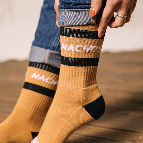 Nachos Striped Crew Socks, Unisex Nacho Socks, Funny Socks, Cool Socks, Mens Socks, Fun Socks Women, Crazy Socks, Funky Socks, Foodie Gifts