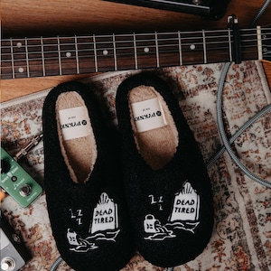 Dead Tired Slippers by Pyknic | Comfy, Plush Warm Fleece Slippers for Coffee Lovers, Foodies, Tattoo Art, Coffee Mug image 2
