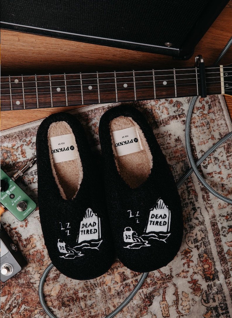 Dead Tired Slippers by Pyknic | Comfy, Plush Warm Fleece Slippers for Coffee Lovers, Foodies, Tattoo Art, Coffee Mug image 2