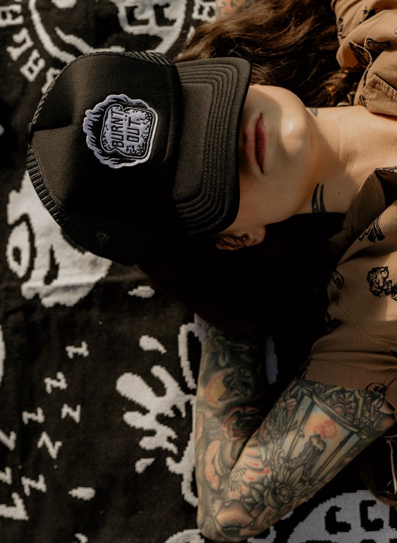 Burnt Out Trucker Hat by Pyknic | Tattoos, Motorcycles, So Tired