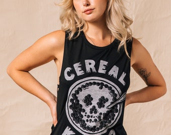 Cereal Killer Womens Foodie Tank | Funny Breakfast Shirt | Skull Cereal Tshirt | Food Puns | True Crime Shirt | Hipster | Workout Tanktop