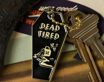 Dead Tired Coffee Coffin Vintage Brass Metal Keychain for Coffee Lovers, Coffee Drinkers, Black Coffee, Baristas Keyring, Foodie Gifts