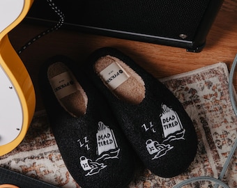 Dead Tired Slippers by Pyknic | Comfy, Plush Warm Fleece Slippers for Coffee Lovers, Foodies, Tattoo Art, Coffee Mug