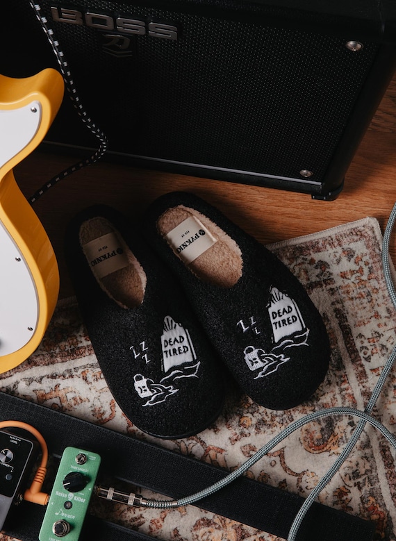 Dead Tired Slippers by Pyknic | Comfy, Plush Warm Fleece Slippers for Coffee Lovers, Foodies, Tattoo Art, Coffee Mug