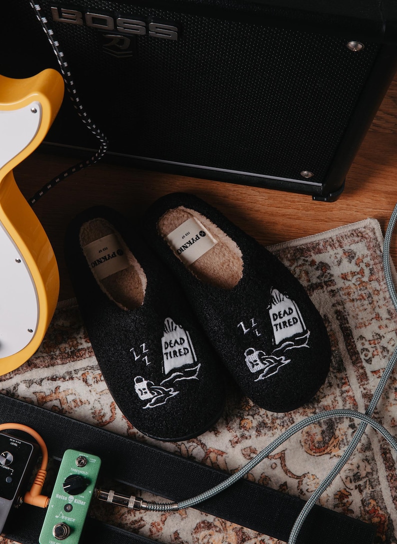 Dead Tired Slippers by Pyknic | Comfy, Plush Warm Fleece Slippers for Coffee Lovers, Foodies, Tattoo Art, Coffee Mug image 1