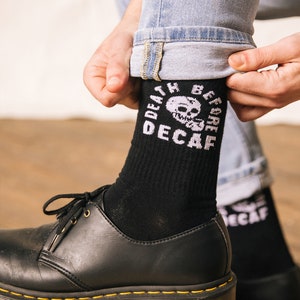 Death Before Decaf Coffee Unisex Crew Socks, Funny Socks, Cool Socks, Mens Socks, Fun Socks Women, Crazy Socks, Coffee Gift, Caffeine, Skull