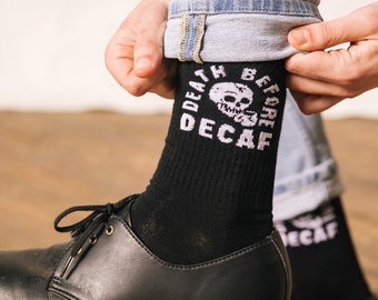 Death Before Decaf Coffee Unisex Crew Socks, Funny Socks, Cool Socks, Mens Socks, Fun Socks Women, Crazy Socks, Coffee Gift, Caffeine, Skull