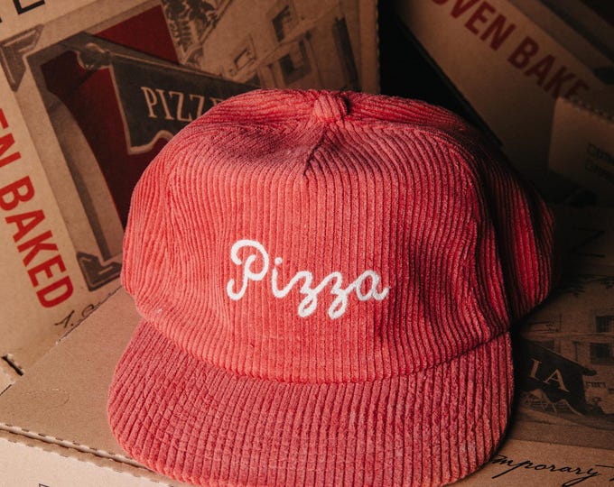 Pizza Chainstitch Hat, Vintage Unstructured 5 Panel Corduroy Strapback Hat, Red Hat, Pizzeria, Gift for Foodies