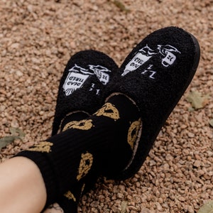 Dead Tired Slippers by Pyknic | Comfy, Plush Warm Fleece Slippers for Coffee Lovers, Foodies, Tattoo Art, Coffee Mug image 6
