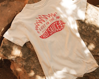 Lost in the Hot Sauce Foodie Tshirt | Food Pun Shirt | Ghost Pepper Chili | Tacos | Shirts with Sayings | Mexican Food | ATX | Chili Pepper