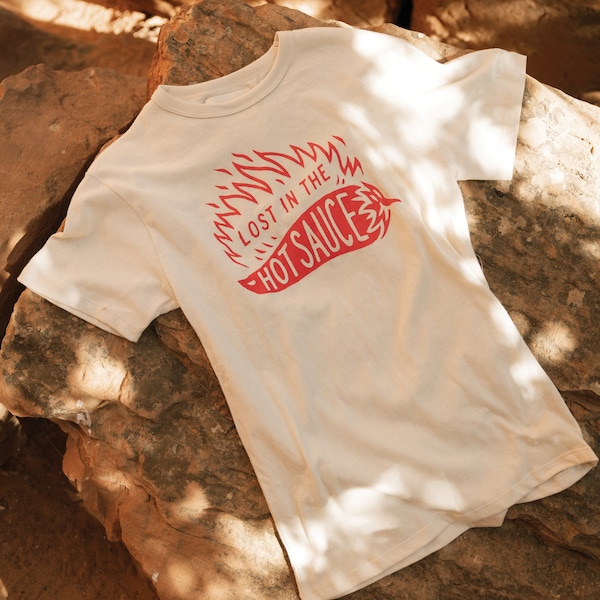 Lost in the Hot Sauce Foodie Tshirt | Food Pun Shirt | Ghost Pepper Chili | Tacos | Shirts with Sayings | Mexican Food | ATX | Chili Pepper