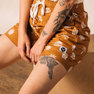 Take It Greasy Fun Mens & Womens Walk Shorts, Burger Paradise Shorts, Cheeseburger and Fries Print, Hipster Food Shorts, Foodie, Palm Trees image 4