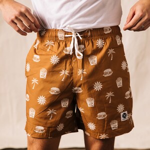 Take It Greasy Fun Mens & Womens Walk Shorts, Burger Paradise Shorts, Cheeseburger and Fries Print, Hipster Food Shorts, Foodie, Palm Trees image 5