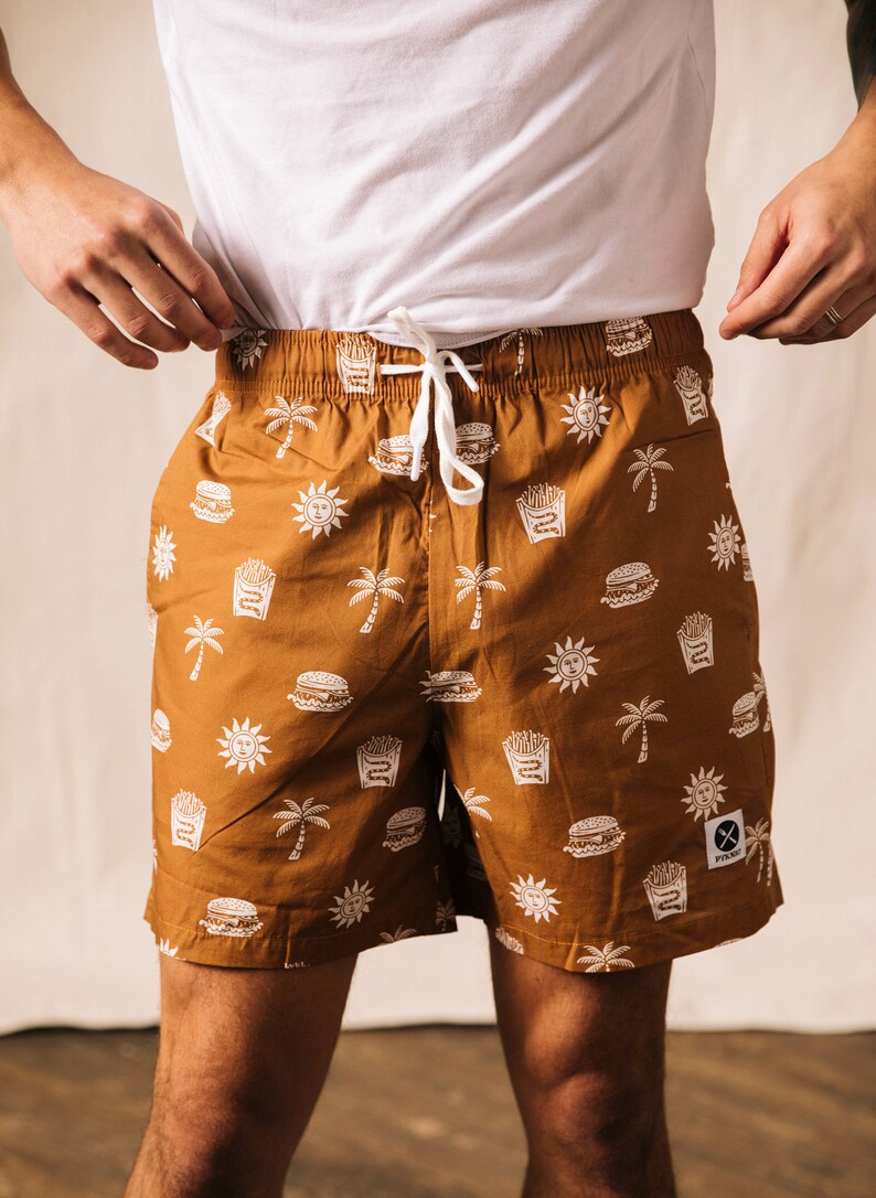 Take It Greasy Fun Mens & Womens Walk Shorts, Burger Paradise Shorts, Cheeseburger and Fries Print, Hipster Food Shorts, Foodie, Palm Trees image 5