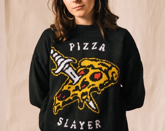 Womens Pizza Slayer Fun Casual Knit Graphic Cozy Sweater, Pizza Slice Shirt, Quirky Gifts, Knit Pullover Sweaters for Women, Tattoo Shirt