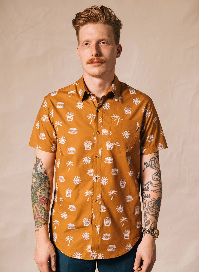 Mens & Womens Take It Greasy Fun Casual Woven Button Up Food Shirt, Burger Fries Blouse, Funny Cheeseburger Shirt, Paradise Hawaiian Shirt image 5