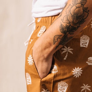 Take It Greasy Fun Mens & Womens Walk Shorts, Burger Paradise Shorts, Cheeseburger and Fries Print, Hipster Food Shorts, Foodie, Palm Trees image 6