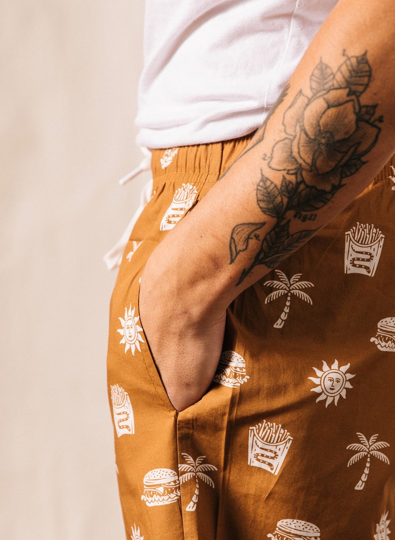 Take It Greasy Fun Mens & Womens Walk Shorts, Burger Paradise Shorts, Cheeseburger and Fries Print, Hipster Food Shorts, Foodie, Palm Trees image 6