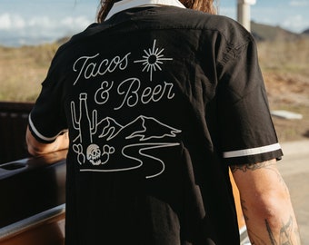 Tacos & Beer Button-Up Shirt with Chainstitch Embroidery | Desert Casual Cotton Blend Button Down Shirt | Foodie Shirt
