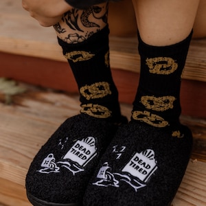 Dead Tired Slippers by Pyknic | Comfy, Plush Warm Fleece Slippers for Coffee Lovers, Foodies, Tattoo Art, Coffee Mug image 4