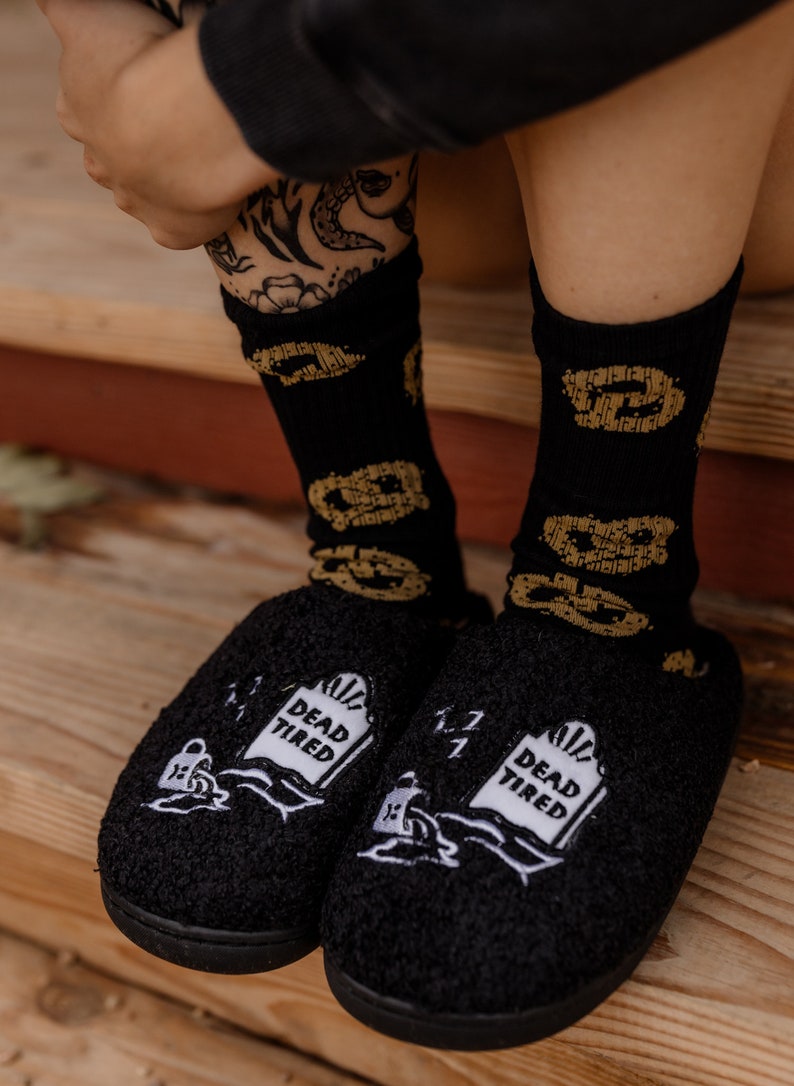 Dead Tired Slippers by Pyknic | Comfy, Plush Warm Fleece Slippers for Coffee Lovers, Foodies, Tattoo Art, Coffee Mug image 4