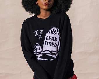 Dead Tired Comfy Pullover Crewneck Knit Sweater Women | Fun Cotton Sweater Knit Fabric | Coffee Gifts | Tired as a mother | Barista | Jumper