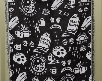 Dead Tired Cozy Coffee Breakfast Pattern Blanket | 100% Cotton Blanket Throw | Foodie Gift | Coffee Lover | Always Tired | Food Tattoo Flash