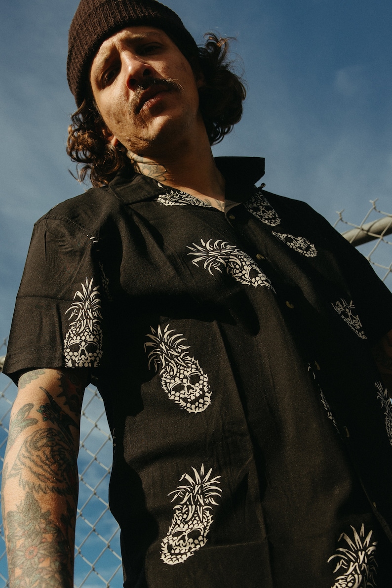 Permanent Vacation Button-Up Shirt Pineapple Skull All Over Print Tattoo Flash Cool Tiki Button Down Shirt Pyknic image 2