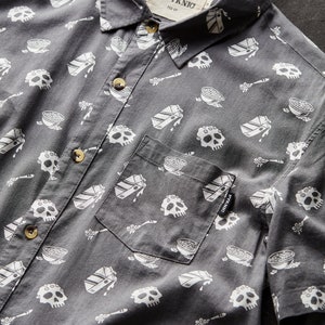 Mens & Womens Cereal Killer Fun Casual Woven Button Up Shirt, Breakfast Shirt, Funny Cereal Shirt, True Crime, Skulls, Hawaiian Shirt