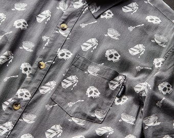 Chemise boutonnée tissée décontractée amusante et amusante pour hommes et femmes, chemise petit-déjeuner, chemise céréales drôle, crime véritable, têtes de mort, chemise hawaïenne