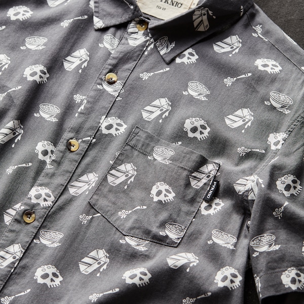 Herr- och damskjorta med knäppning, Cereal Killer Fun Casual, vävd skjorta med knappar, frukostskjorta, rolig flingskjorta, True Crime, dödskallar, Hawaiiskjorta