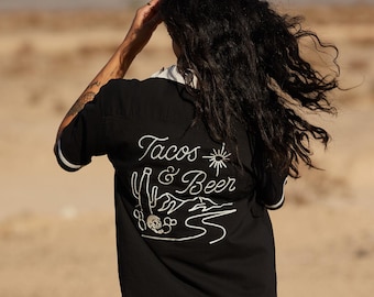 Tacos & Beer Button-Up Shirt WOMENS Chainstitch Embroidery | Desert Casual Cotton Blend Button Down Shirt | Foodie Shirt | Cinco De Mayo