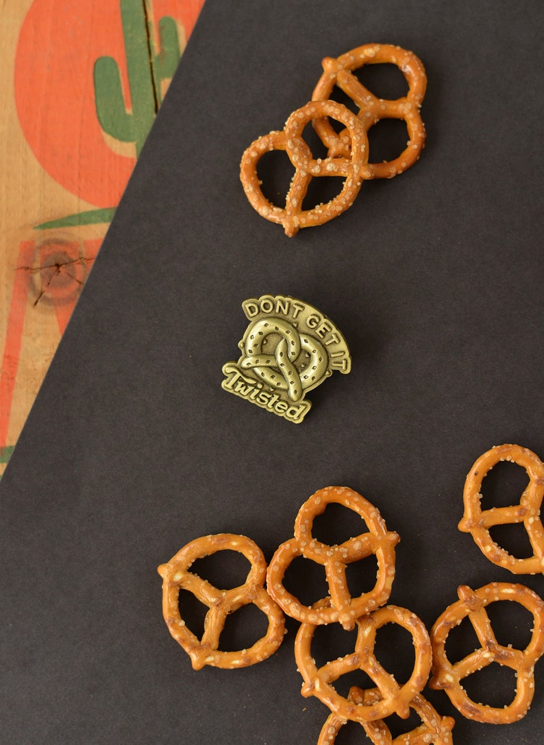 Don't Get It Twisted Super Pretzel Pin, Philly Pretzel, Lapel Pin, Food Puns, Soft Pretzel Pin, Vintage Brass Pin, Food Brooch, Foodie Gift image 1