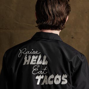 Raise Hell Eat Tacos Nylon Fleece Lined Coaches Jacket | Tattoo Art | Foodie Shirt | Taco Life | Jackets Men Women | Food Art | Motorcycle