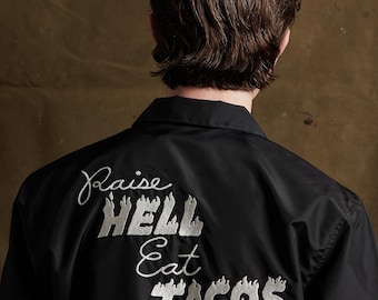 Raise Hell Eat Tacos Nylon Fleece Lined Coaches Jacket | Tattoo Art | Foodie Shirt | Taco Life | Jackets Men Women | Food Art | Motorcycle