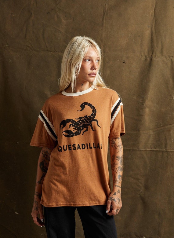 Quesadillas Scorpion Vintage Ringer Tee | Burnt Orange Southwestern Shirt | Retro Food Lover Gift | 70s Desert Vibes | Plus Size Tees Too!