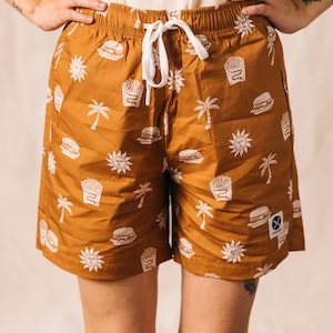 Take It Greasy Fun Mens & Womens Walk Shorts, Burger Paradise Shorts, Cheeseburger and Fries Print, Hipster Food Shorts, Foodie, Palm Trees