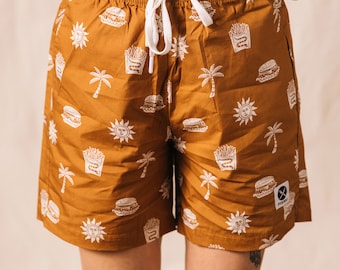 Take It Greasy Fun Mens & Womens Walk Shorts, Burger Paradise Shorts, Cheeseburger and Fries Print, Hipster Food Shorts, Foodie, Palm Trees