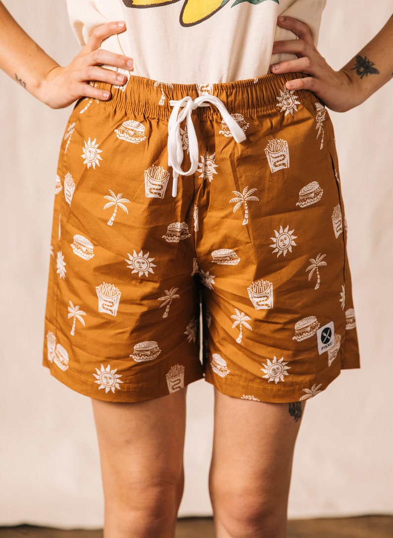 Take It Greasy Fun Mens & Womens Walk Shorts, Burger Paradise Shorts, Cheeseburger and Fries Print, Hipster Food Shorts, Foodie, Palm Trees image 1