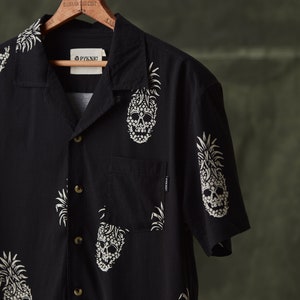 Permanent Vacation Button-Up Shirt Pineapple Skull All Over Print Tattoo Flash Cool Tiki Button Down Shirt Pyknic image 1