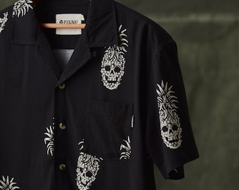 Permanent Vacation Button-Up Shirt | Pineapple Skull All Over Print | Tattoo Flash | Cool Tiki Button Down Shirt | Pyknic