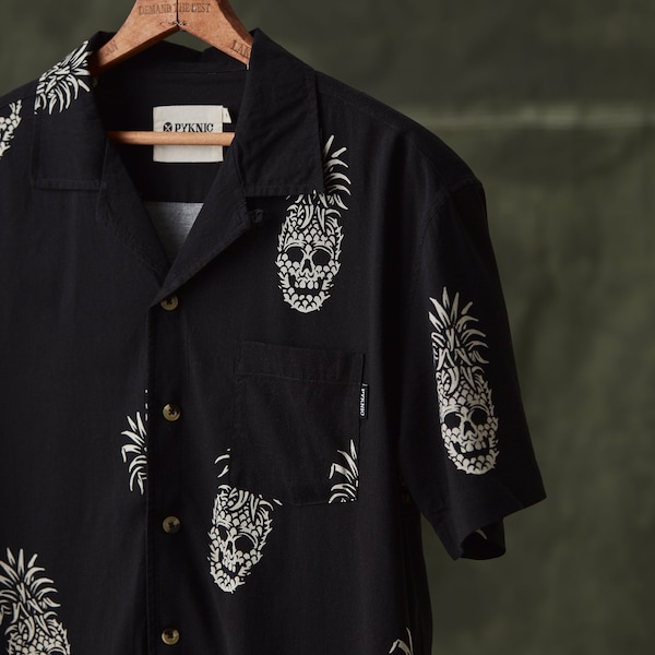 Permanent Vacation Button-Up Shirt | Pineapple Skull All Over Print | Tattoo Flash | Cool Tiki Button Down Shirt | Pyknic