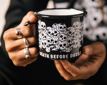 Death Before Decaf Enamel Coffee Mug | Food Pun Cup | Foodie Gift | Coffee Gift | Skull Mug | Gifts Under 25 | Funny Coffee Mug | Caffeine