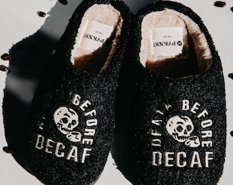 Death Before Decaf Slippers by Pyknic | Comfy, Plush Warm Fleece Slippers for Coffee Lovers, Foodies, Tattoo Art, Coffee Mug