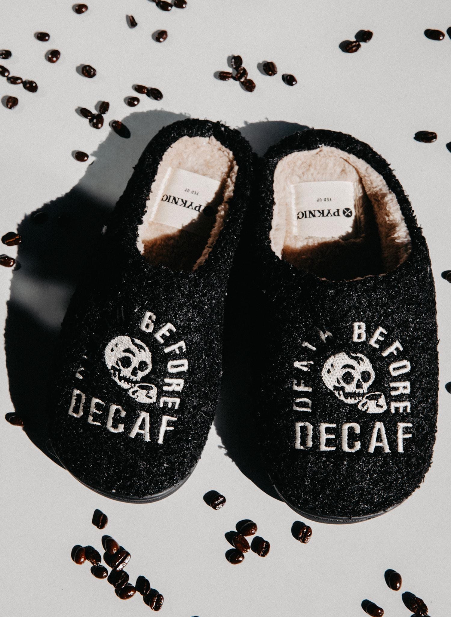 Death Before Decaf Slippers by Pyknic | Comfy, Plush Warm Fleece Slippers for Coffee Lovers, Foodies, Tattoo Art, Coffee Mug product image