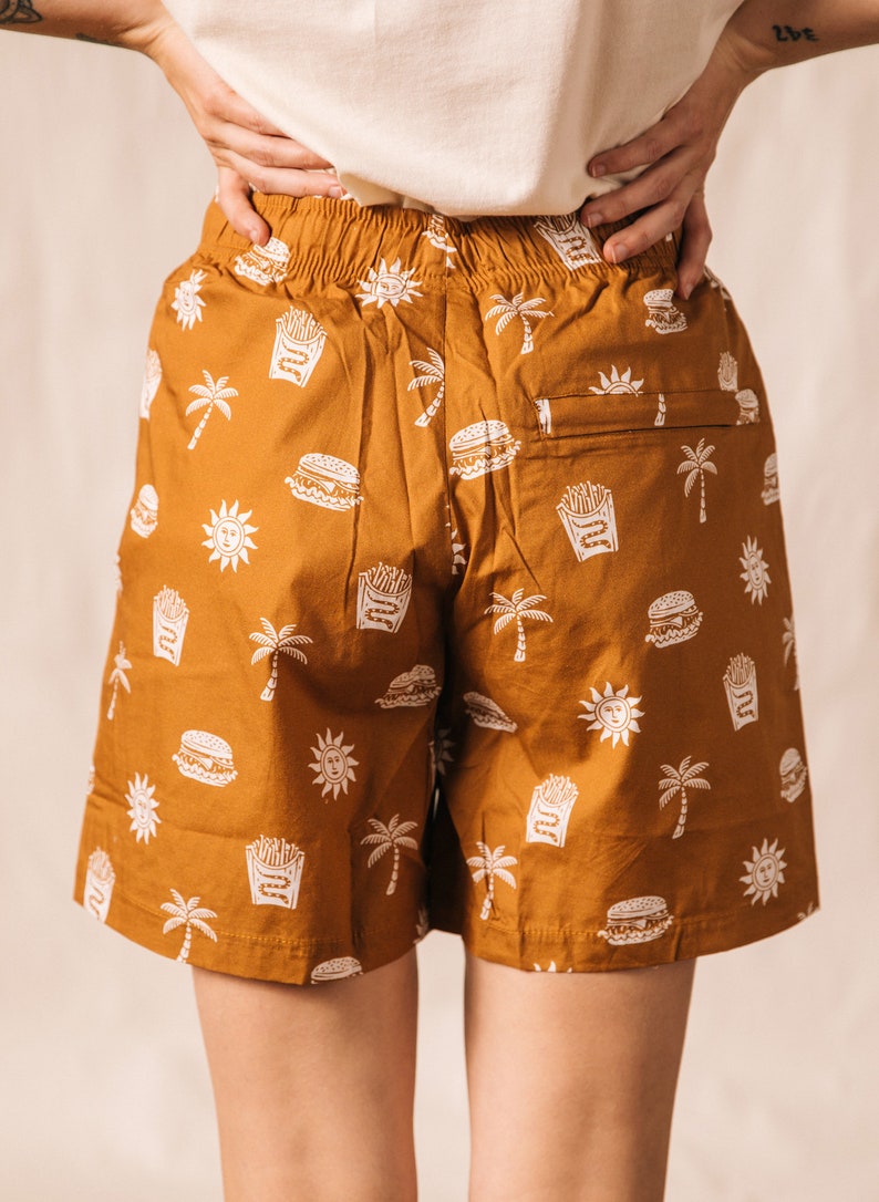 Take It Greasy Fun Mens & Womens Walk Shorts, Burger Paradise Shorts, Cheeseburger and Fries Print, Hipster Food Shorts, Foodie, Palm Trees image 3