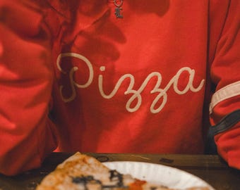 Pizza Chainstitch Crewneck Sweatshirt, Vintage Washed Marinara Red Pullover, Retro Varsity Stripe Foodie Gift, Raglan Unisex Sweatshirt