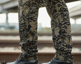 Coffee Camo Pants, Smashed Mug & Skull Print Joggers, Cactus Green Brushed Cotton Twill Trousers, Barista Gift Unisex Streetwear, 30" Inseam