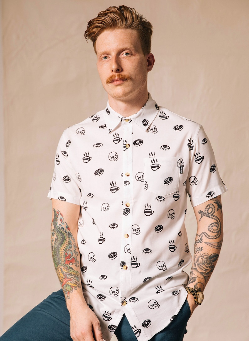 Morning Glory Fun Men Womens Button-Up Top, Best Coffee Button Down Shirt, Donut Shirt, Hipster Food Shirt, Foodie Top, Barista Gift, Cafe image 3