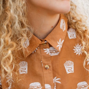 Mens & Womens Take It Greasy Fun Casual Woven Button Up Food Shirt, Burger Fries Blouse, Funny Cheeseburger Shirt, Paradise Hawaiian Shirt image 9